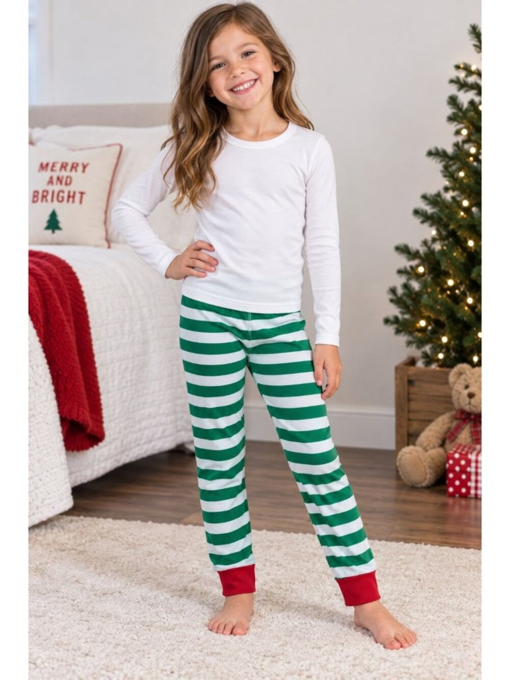 Hanna Andersson green-and-white striped pajama pants red cuffs holiday sleepwear